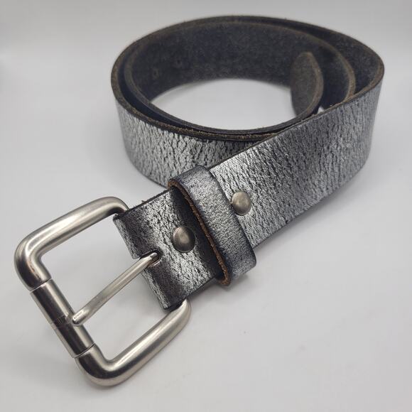 Express Belt Small Silver Leather Metallic Crackle Futuristic Rock Moto Cyber main image 4